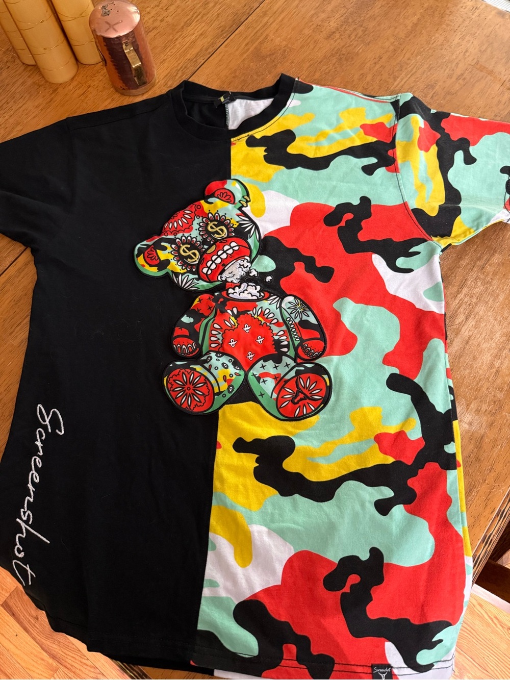 Black & Multicolor Graphic Short Sleeve Tee with Teddy Motif